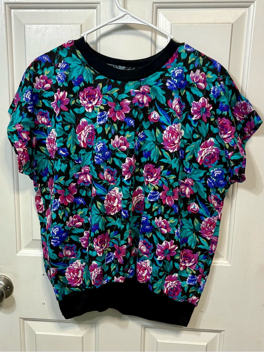 Connie Black Floral Short Sleeve Tee with Pink & Teal Blooms